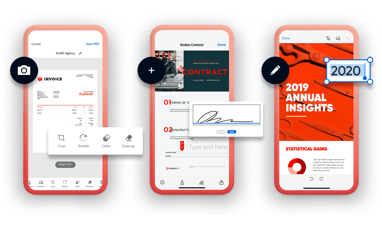 Three phones showing Acrobat Reader tools for scan, fill and sign, and edit.